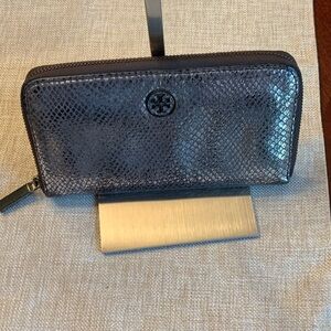 Tory Burch Black Python Embossed Leather Zip-Around Wallet.